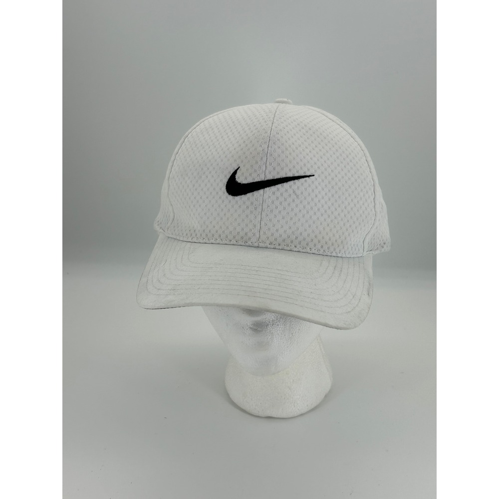 Nike White Dri Fit Hat Adjustable Strapback Black Swoosh Athletic Cap